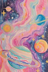 Wall Mural - Tempura gouache art print, cosmic planets and galaxy of stars, maximalist art nouveau, colorful pastel palette.
