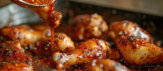 Poster - Sauce is poured over chicken legs as chef marinates and mixes them in a bowl with spices and sauce at a culinary master class. Close-up.