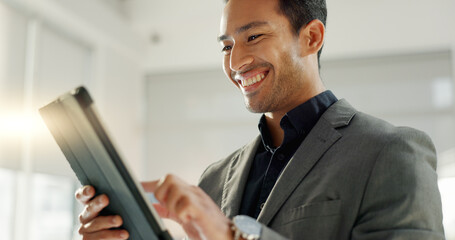Leinwandbilder - Business man, tablet and happy for stock market results, investment planning or reading financial report. Professional asian person or trader scroll on digital technology, trading and data analysis