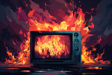 Burning Retro Tv, Broken Equipment Concept, Fire Safety
