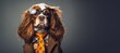 Cool looking Cavalier King Charles Spaniel wearing funky fashion dress-jacket,tie,suglasses.Banner with space for text.Concept of advertising a product or service (Internet,television,technology).