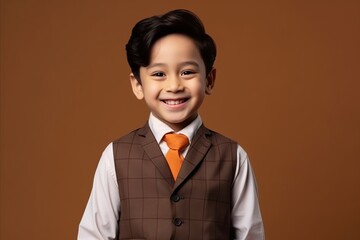 smiling asian little boy in brown suit and orange tie on brown background