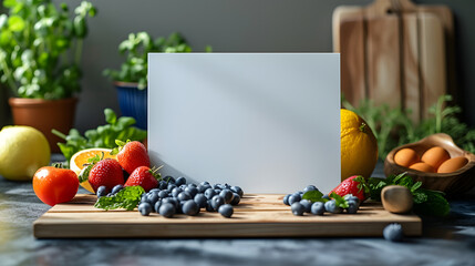 Rectangular blank white empty paper board with vegetables mockup on the kitchen table for text advertising message, space for text, healthy food cooking recipe menu concept