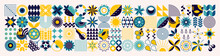 A Long Set Of 72 Icons Related To Spring Abstract Geometric Conceptual Patterns. Plants Of A Simple Shape In The Old Style Of Ukrainian Embroidery. Scandinavian Style. Mosaic Style. White Background
