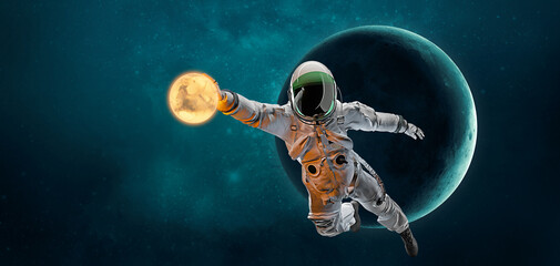 american football, rugby player astronaut in space action and moon, mars, earth planets on the backg