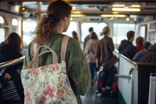 Woman With Floral Tote Waiting In Ferry Line