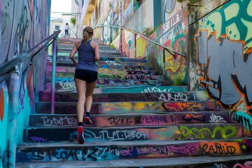 Wall Mural - female jogger on colorful graffiticovered city steps