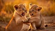 Playful lion cubs wrestling in the African savanna, fluffy manes and clumsy paws