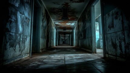 Canvas Print - A long hallway with a light on the wall and some graffiti, AI