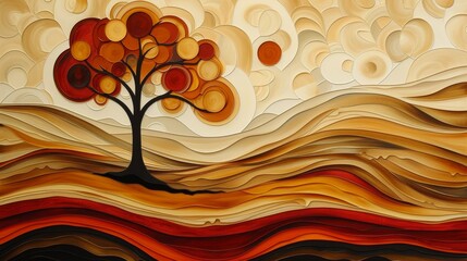 Sticker - A painting of a tree in the middle of an abstract landscape, AI