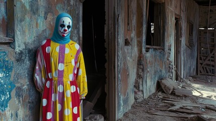 Sticker - A clown dressed in a colorful costume stands outside of an abandoned building, AI