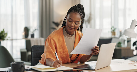 Poster - Black woman in home office, documents and laptop for research in remote work, ideas and thinking. Happy girl at desk with computer, writing notes and online search in house for freelance networking.