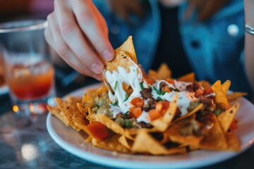 Wall Mural - Hands holding Corn chips, nachos in a paper box, space for text