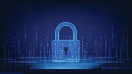 cyber security technology concept. digital padlock with virtual screen on dark blue background. privacy data protection symbol