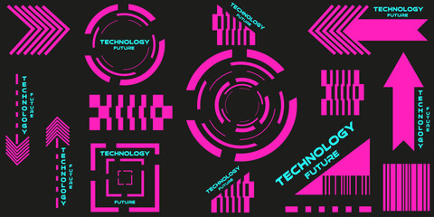 Set neon Cyberpunk Geometric element isolated black background. Acidic Technology future Geometrical shapes. Vector illustration can used web social media and mobile app design. EPS 10