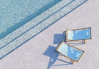 two blue lounge chairs beside a swimming pool casting shadows on the concrete deck under the bright summer sun. Relaxation and resort concept.