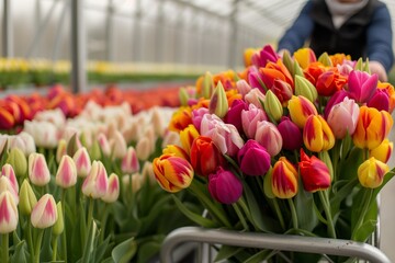 person pushing cart full of mixed colorful tulips in a greenhouse