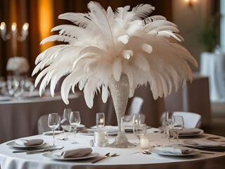 White ostrich feather in vase on a white banquet table.