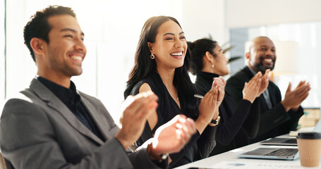 Canvas Print - Meeting, business people and applause for achievement in office for b2b project with smile and deal. Success, men and women at workshop in cheers, congratulations and support in celebration together.