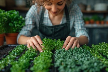 Wall Mural - Woman hands grows microgreen in kitchen