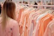 shoppers browsing racks of clothes with prominent peach hues