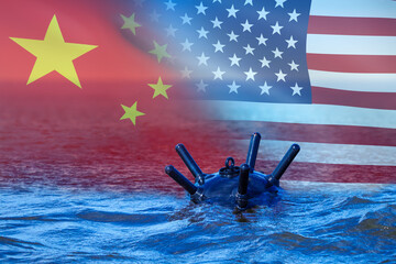 Underwater mine. Flags USA and China. Maritime confrontation America and China. Naval bomb to blow up enemy ship. Confrontation people republic China and USA. Concept for USA naval exercises in Asia