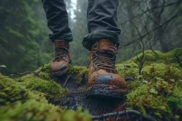 Wall Mural - Man legs in hiking boots trudges through forest