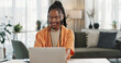 © Coetzee/peopleimages.com - Black woman, typing in home office and laptop for research in remote work, social media or blog in apartment. Freelance girl at desk with computer writing email, website post and online chat in house