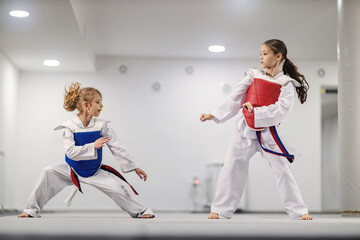 Taekwondo kids in doboks practicing combat in martial art school.