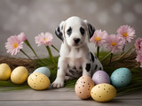 Fototapeta Zwierzęta - Dalmatian puppy and colorful Easter eggs.