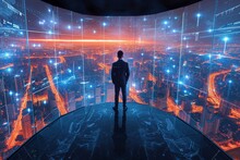 Standing On A Platform, A Businessman Surveys A Futuristic Network, Representing The Forward-thinking Approach Of Business Technology And Its Interconnectedness