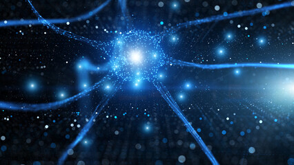 Poster - artistic glowy and shiny neuron cell illustration.