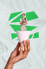 Canvas Print - Photo sketch collage picture of smiling charming lady serving coffee inside big cup isolated graphical background