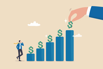 Wall Mural - Investment dividends growth, increase profit and earning, passive income from stock market return, saving interest rate, capital gain concept, businessman put dollar sign on financial growth chart.