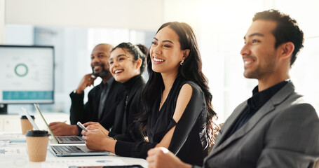 Canvas Print - Meeting, business people listening and planning in office for b2b project with smile and collaboration. Audience, men and women at workshop in corporate training, attention and brainstorming together