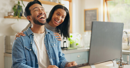 Canvas Print - Kitchen, hug and couple with a tablet, love and internet connection with social media, home and speaking. Network, man and woman with a pc, talking and website information with romance and happiness