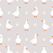 Seamless pattern with cute white gooses. Domestic and wild ducks on farm. Hand drawn print. Perfect for fabric, package paper, wallpaper, postcards. Vector illustration in flat cartoon style.