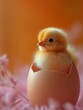 Cute small chick sitting in cracked eggshell. Soft warm apricot background. Easter greeting card or invitation. Springtime vertical poster. AI Generated