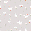 Seamless pattern with cute white gooses. Domestic and wild ducks on farm. Hand drawn print. Perfect for fabric, package paper, wallpaper, postcards. Vector illustration in flat cartoon style.