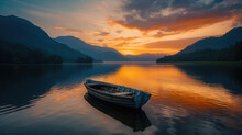 Solitary Boat On A Lake With A Background Of Mountains In The Distance At Sunset