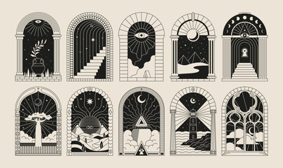 boho frame arch vector illustration modern minimalistic retro aesthetic linear arc portal logo bohem