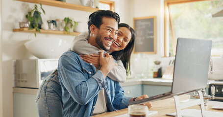 Poster - Kitchen, hug and couple with a tablet, love and internet connection with social media, home and speaking. Network, man and woman with a pc, talking and website information with romance and happiness