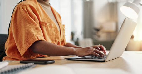 Poster - Black woman with laptop, typing and remote work in social media, blog post or online research in home office. Freelancer at desk with computer with email, website review or writing article in house.