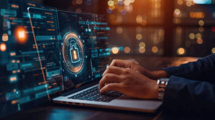 Businessman utilizing a digital tablet and laptop with a padlock on network security technologies, cloud computing, and cybersecurity. Cybersecurity network. Data protection concept