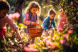 Children with baskets eagerly scour a vibrant garden, searching for hidden Easter eggs amidst blooming flowers and lush greenery. Generated AI.