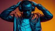 a man with headphones, listening to music, fashion portrait, black african american dj music headphones