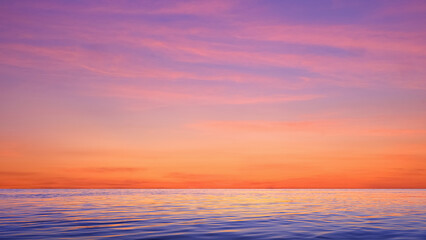 Wall Mural - Colorful dramatic sunset sky background over sea with beautiful pink sunrise clouds and light reflection on water surface in the evening after sundown. Idyllic twilight seascape view