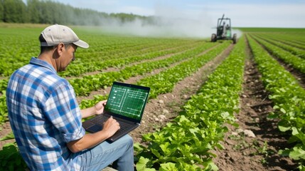 Man in the field handling a laptop with agricultural treatment software, he is in the middle of the field.