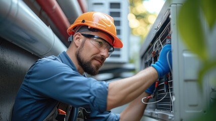 Poster - Air conditioner technician working on installation outside. Generative AI.