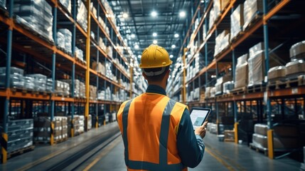 Aufkleber - Distribution warehouse worker using digital tablet checking inventory storage on shelf, manage inventory control and delivery transportation through intelligent warehouse. Generative AI.